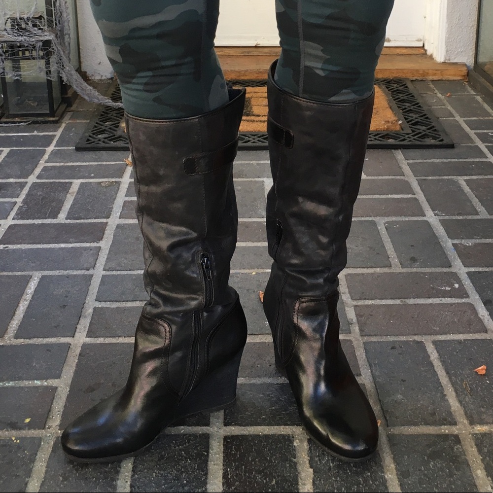 Naya Quail Knee High Leather Boots - Size 9.5 - wedge heel